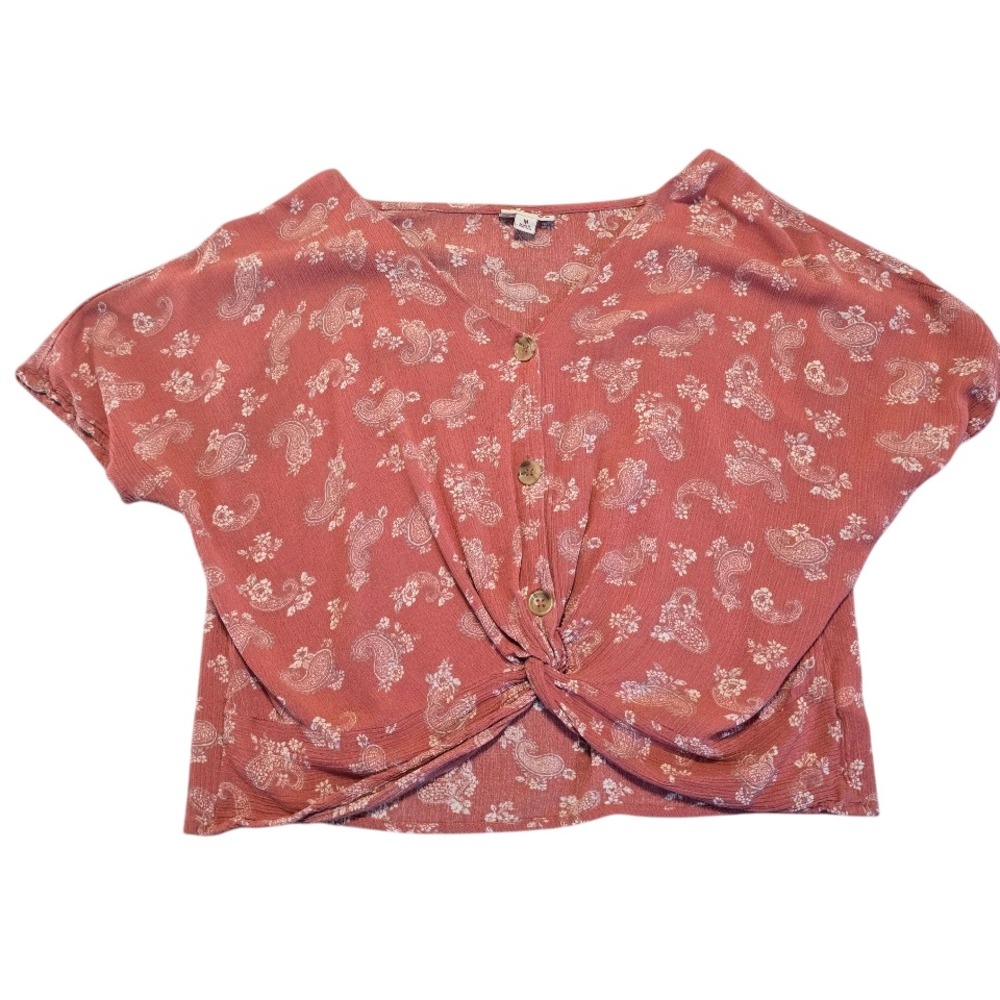 SO Womens Pink Paisley Floral Gauze Cropped‎ Button Top M Twist Front Cottage